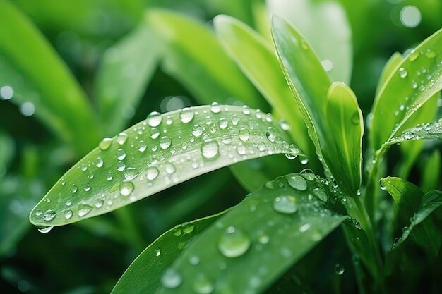 Piante con gocce d'acqua dolce in giardino in una mattinata piovosa in campagna