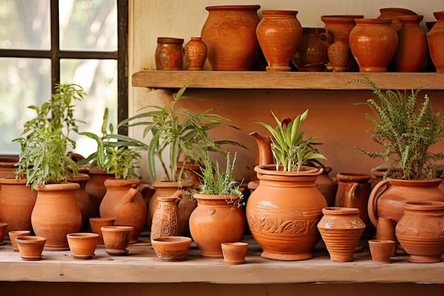 Piante d'appartamento e vasi di terracotta preparati per essere utilizzati per nuove piante nella propria residenza