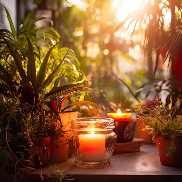 Piante d'appartamento verdi e candele accese in primo piano hanno sparato decorazioni per la casa naturali con plats e foglie