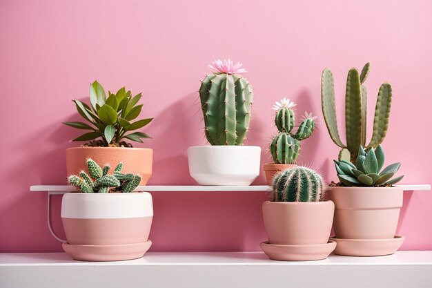 Piante di cactus in vaso su uno scaffale bianco contro una parete rosa