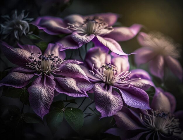 Piante di clematis fantasiose e fiori luminosi sullo sfondo da vicino