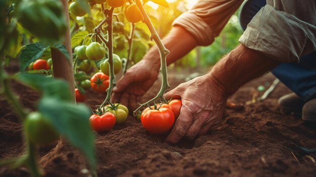 Piante di pomodoro piantate da un agricoltore in un giardino biologico