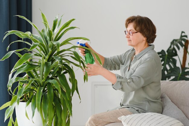 Piante domestiche Gioiosa donna felice in piedi vicino alla pianta mentre la spruzza con acqua