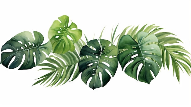 Piante esotiche e foglie di palma su sfondo bianco generato dall'intelligenza artificiale