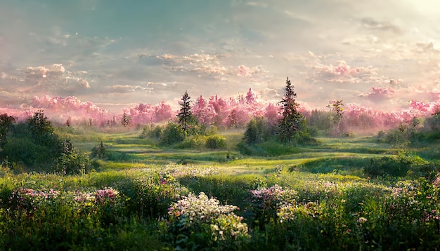 Piante fiorite su un prato verde cespugli alberi sotto il cielo con nuvole rosa soffici illustrazione 3d