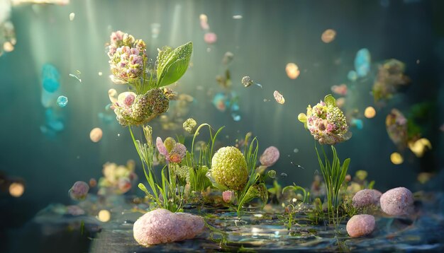 Piante in fiore e rocce rosa nell'acqua trasparente del lago