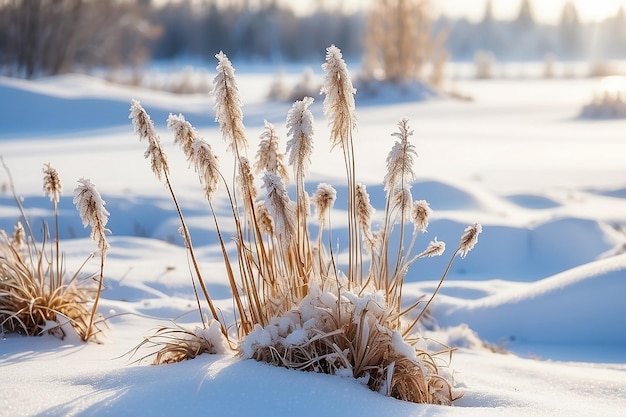 Piante marciate nella neve d'inverno erba secca da vicino e messa a fuoco selettiva Belle piante marci sulla neve bianca Foto di alta qualità