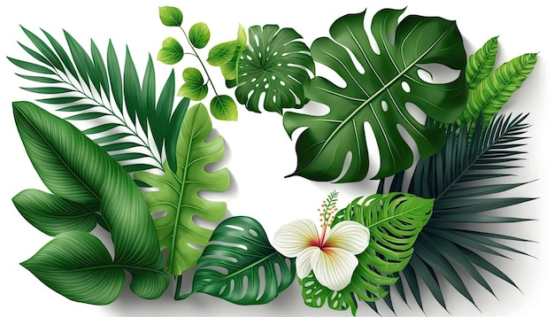 Piante tropicali floreali su sfondo bianco verde natura illustrazione vettoriale Realizzato da AIIntelligenza artificiale