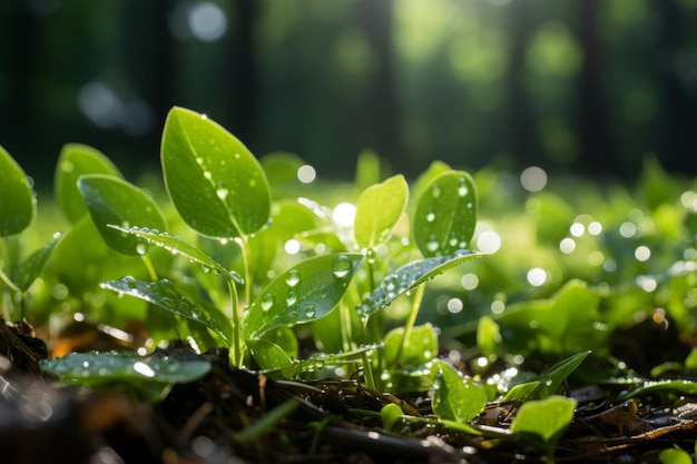 piante verdi con gocce d'acqua su di esse alla luce del sole