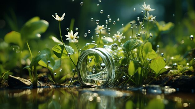 Piante verdi e spruzzi d'acqua nel giardino