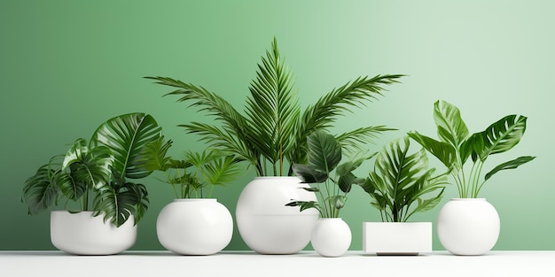 Piante verdi tropicali alla moda monstera monstera palma e ficus in vasi su sfondo verde Banner