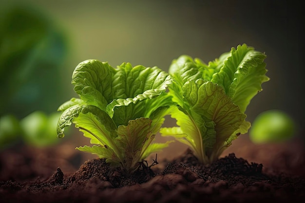 Piantine di lattuga fresca sulla tavola verde in giardino