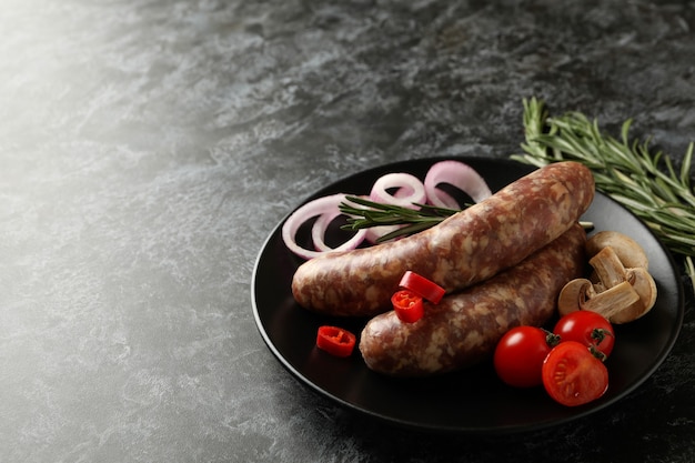 Piastra con salsiccia cruda e ingredienti su nero smokey