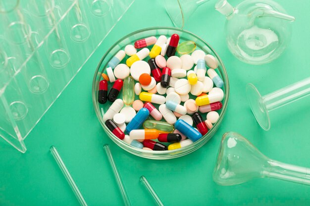 Piastra di Petri con un mucchio di pillole e pinzette insieme a una siringa su sfondo blu