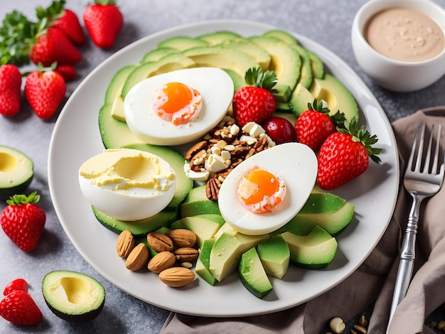 Piastra fotografica con una dieta paleo cibo uova bollite ciliegie e fragole colazione paleo