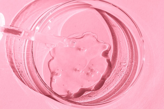 Piastra Petri Con gel trasparente La pipetta si trova Dispenser cosmetico Su uno sfondo rosa