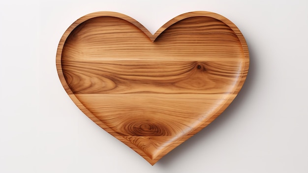 Piastra vuota in legno a forma di cuore con sfondo bianco vista superiore copia spazio decorativo AI generativa