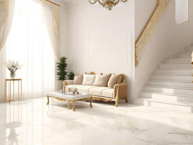 Piastrella per pavimento in marmo bianco nel soggiorno di lusso della sala da parete marrone con tavolino laterale per divano ad angolo beige