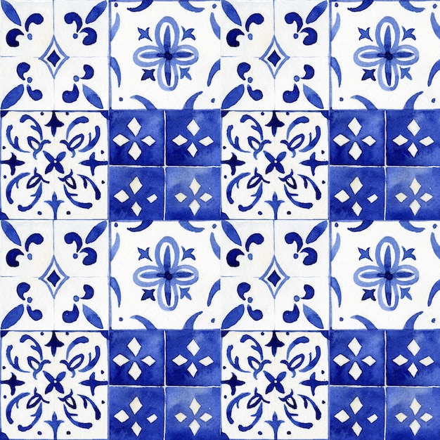 Piastrelle azulejo portoghesi modello senza cuciture ad acquerello