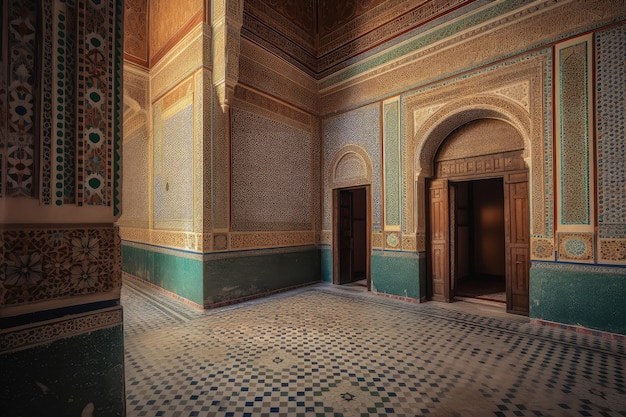 Piastrelle colorate del palazzo marocchino e intonaco scolpito generativo IA