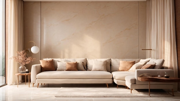 Piastrelle di marmo bianco sul pavimento in parete marrone sala soggiorno di lusso con divano angolare beige tavolo laterale