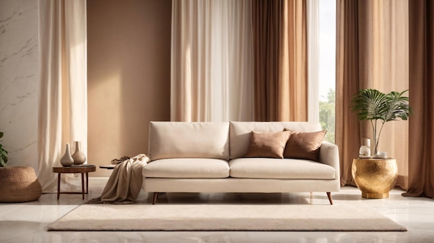Piastrelle di marmo bianco sul pavimento in parete marrone sala soggiorno di lusso con divano angolare beige tavolo laterale