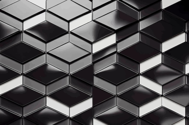 Piastrelle futuristiche disposte per creare una parete lucida a sfondo nero esagonale formato da blocchi 3D