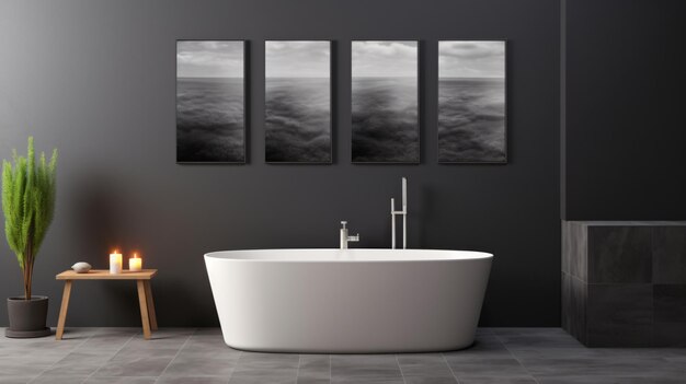 Piastrelle grigio scuro vasca da bagno bianca e tre manifesti