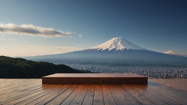 Piattaforma 3D di fronte al famoso Monte Fuji del Giappone con un cielo splendidamente bello come sfondo