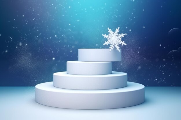 Piattaforma a podio con forme geometriche e sfondo di fiocchi di neve