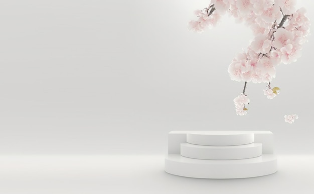 Piattaforma bianca per la visualizzazione di merci su sfondo bianco con fiori rosa su un'illustrazione 3d del ramo di sakura