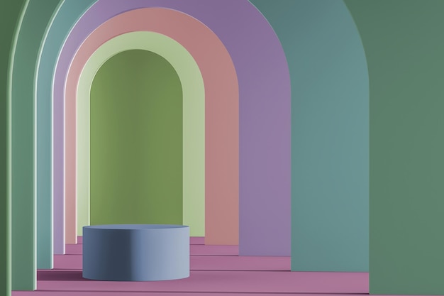 Piattaforma cilindrica sulla scena del modello di parete ad arco multicolore per la presentazione del prodotto