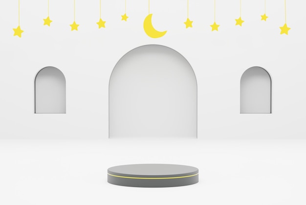 Piattaforma con sfondo bianco stella e mezzaluna eid e concetto islamico 3d rendering dell'illustrazione