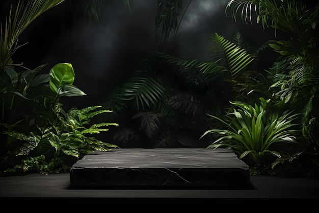 Piattaforma di pietra nera vuota con piante tropicali su sfondo scuro AI generativa