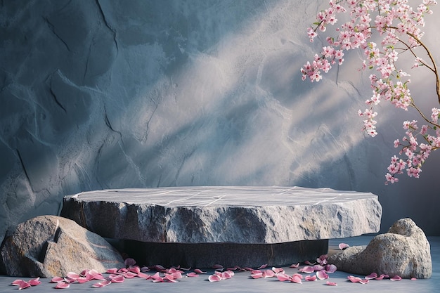 Piattaforma di pietra zen con ramo di ciliegio in fiore