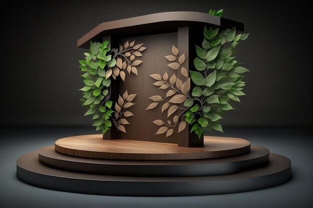 piattaforma di podio in legno 3D con vegetazione tropicale per la presentazione del prodotto