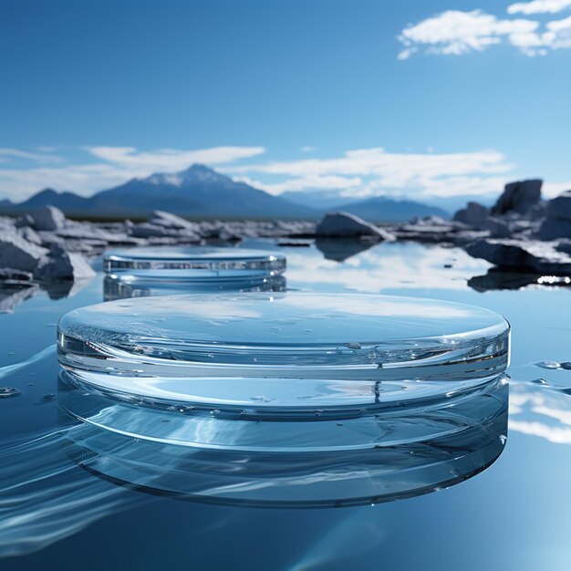 Piattaforma di vetro trasparente sulla superficie dell'acqua con sfondo di montagna e cielo blu