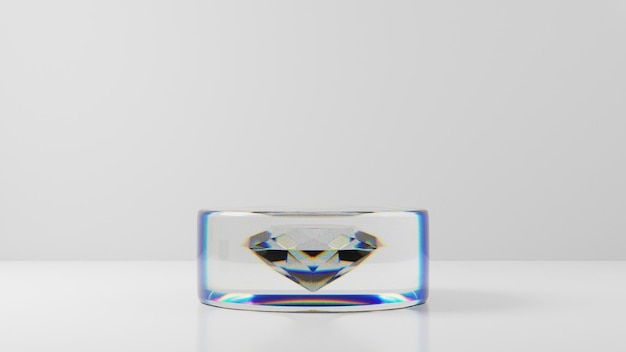 piattaforma di vetro vuota per vetrina di prodotti, podio o piedistallo con diamante di cristallo di lusso, rendering 3d