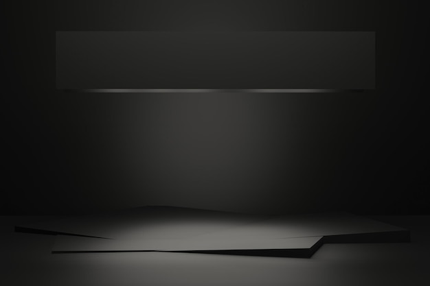 Piattaforma geometrica per la pubblicità del prodotto podio nero scuro sul pavimento rendering 3d