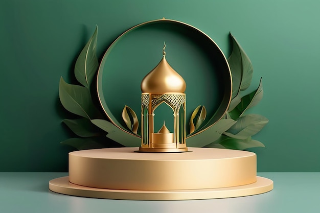 Piattaforma minima islamica 3D su sfondo verde con foglie d'oro e datteri Podium per la visualizzazione di prodotti