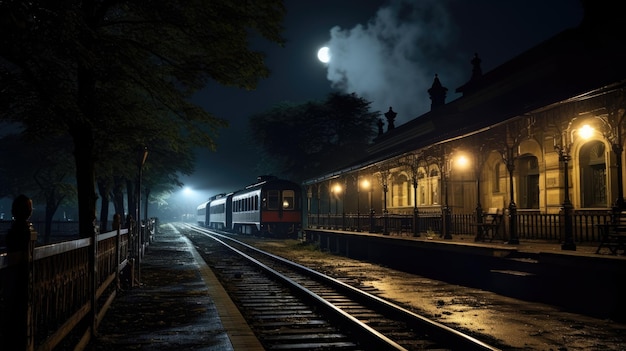 Piattaforma passeggeri di notte sulla stazione ferroviaria Stazione ferroviaria di notte