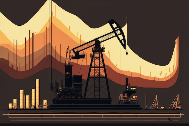 Piattaforma petrolifera che pompa carburante sullo sfondo di grafici e diagrammi delle variazioni di prezzo concetto di investimento AI generativo