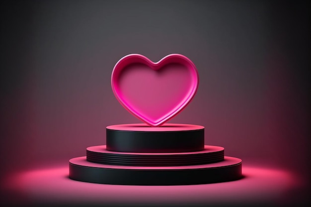 piattaforma realistica del podio con cuore al neon rosa in fase astratta per il posizionamento e la visualizzazione del prodotto