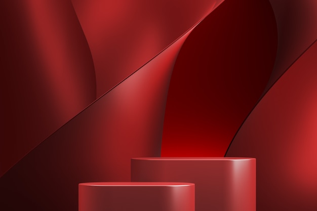 Piattaforma rossa due su fondo astratto rosso. sfondo astratto per la presentazione del prodotto o gli annunci. rendering 3d