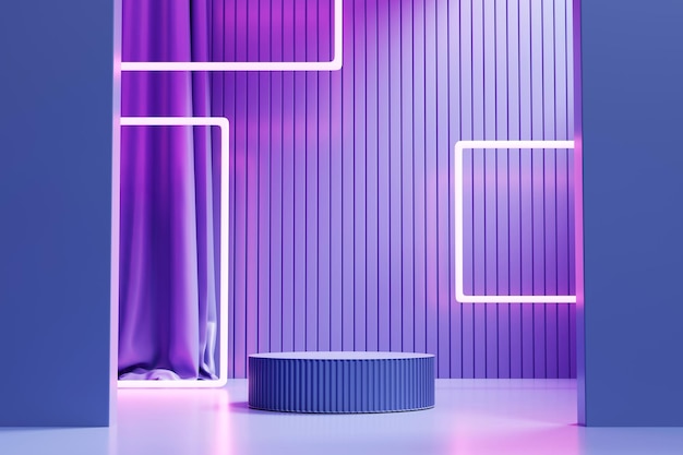 Piattaforma viola con luce al neon per il rendering 3D della visualizzazione del prodotto