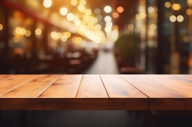 Piattaforma vuota di tavolo di legno e stanza sfocata sfocata
