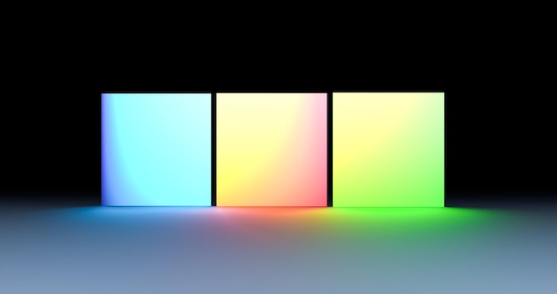 Piattaforme luminose al neon forme geometriche quadrati Glow in the dark pannelli sfondo banner rendering 3D