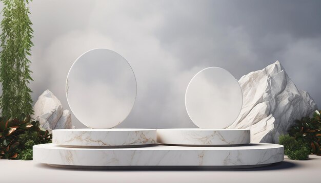 Piattaforme per podio per esposizione di prodotti naturali in pietra bianca 3D Piattaforma per studio di posizionamento cosmetico