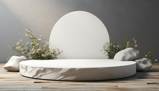 Piattaforme per podio per esposizione di prodotti naturali in pietra bianca 3D Piattaforma per studio di posizionamento cosmetico