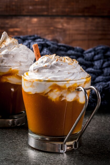 Piatti autunnali tradizionali. Halloween, Ringraziamento. Latte di zucca aromatico caldo e piccante con cannella sulla tavola di pietra nera, con la coperta. copyspace